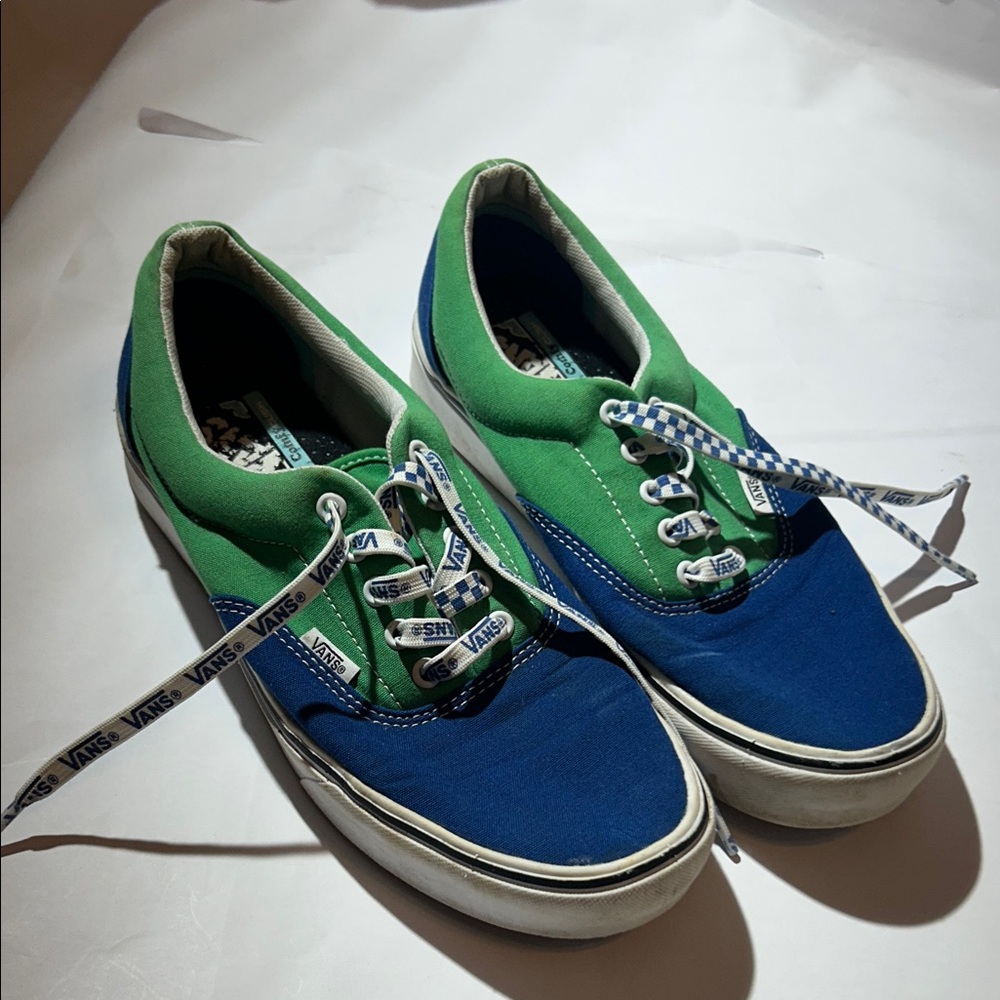 Vans Authentic Skate Shoe Blue/Green Canvas Low-Tops w/ Checkered & Logo Laces
